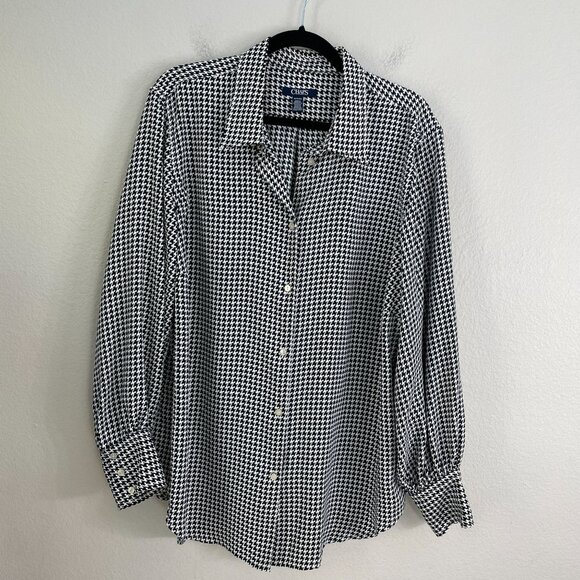 Chaps Womens Plus 1X Black White Houndstooth Button Up Shirt Long Sleeve Blouse - Picture 6 of 10